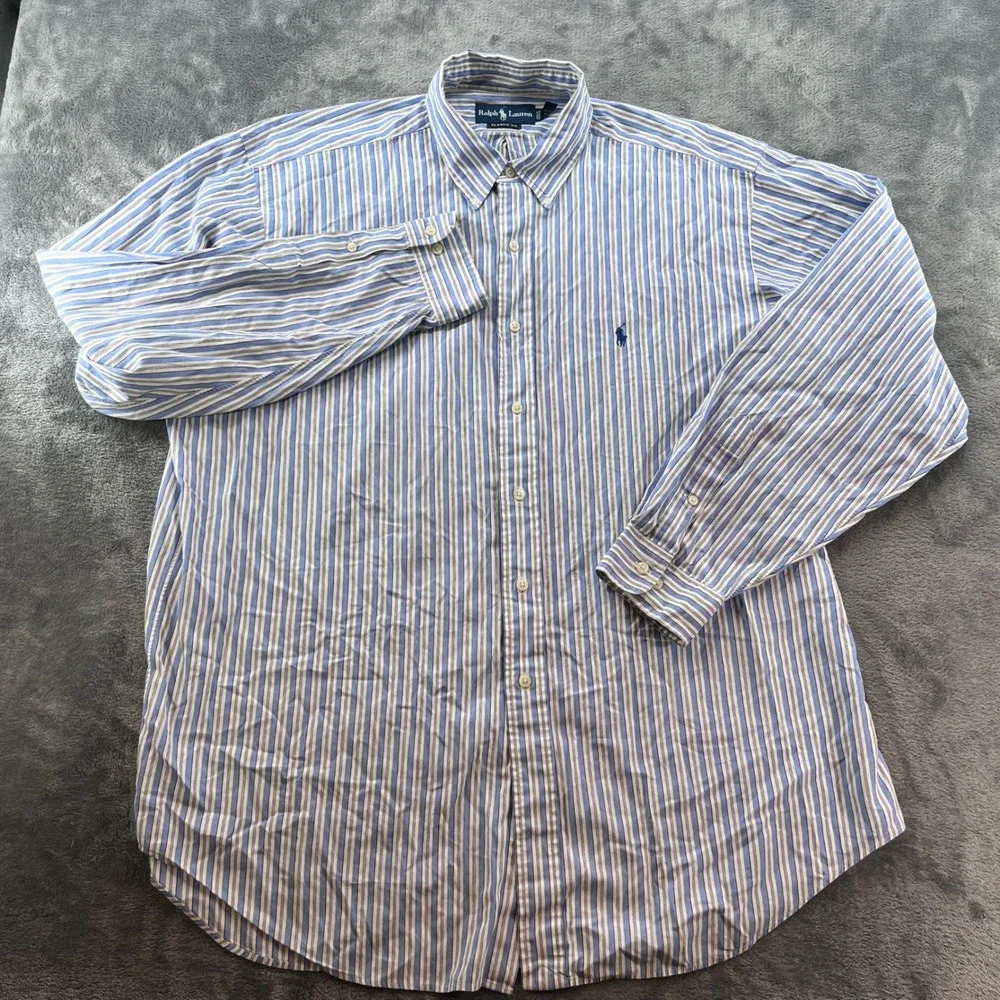 Polo Ralph Lauren Mens XL Classic Fit Blue White Stripe Button Down Shirt Cotton